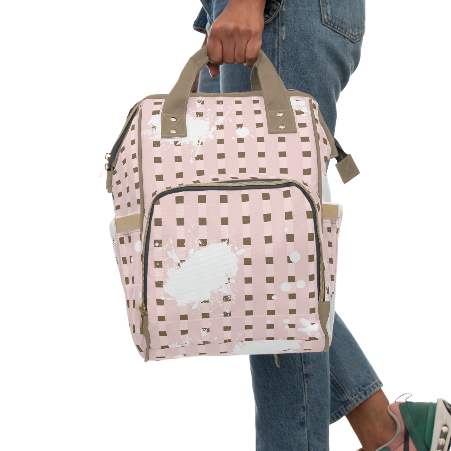 Plaid Pink Splash, Multifunctional Diaper Backpack