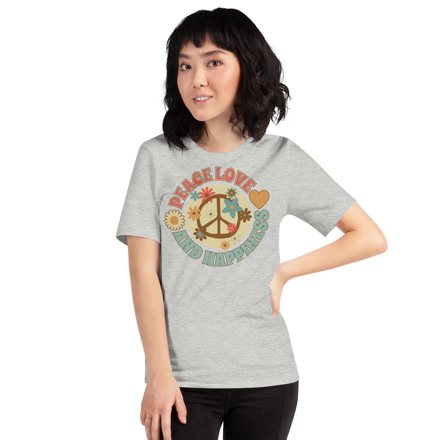 Peace love and happiness, with flowers t-shirt