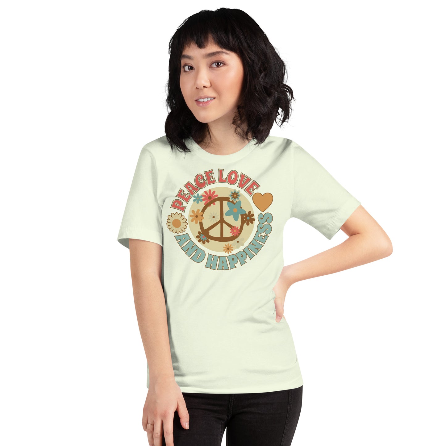 Peace love and happiness, with flowers t-shirt