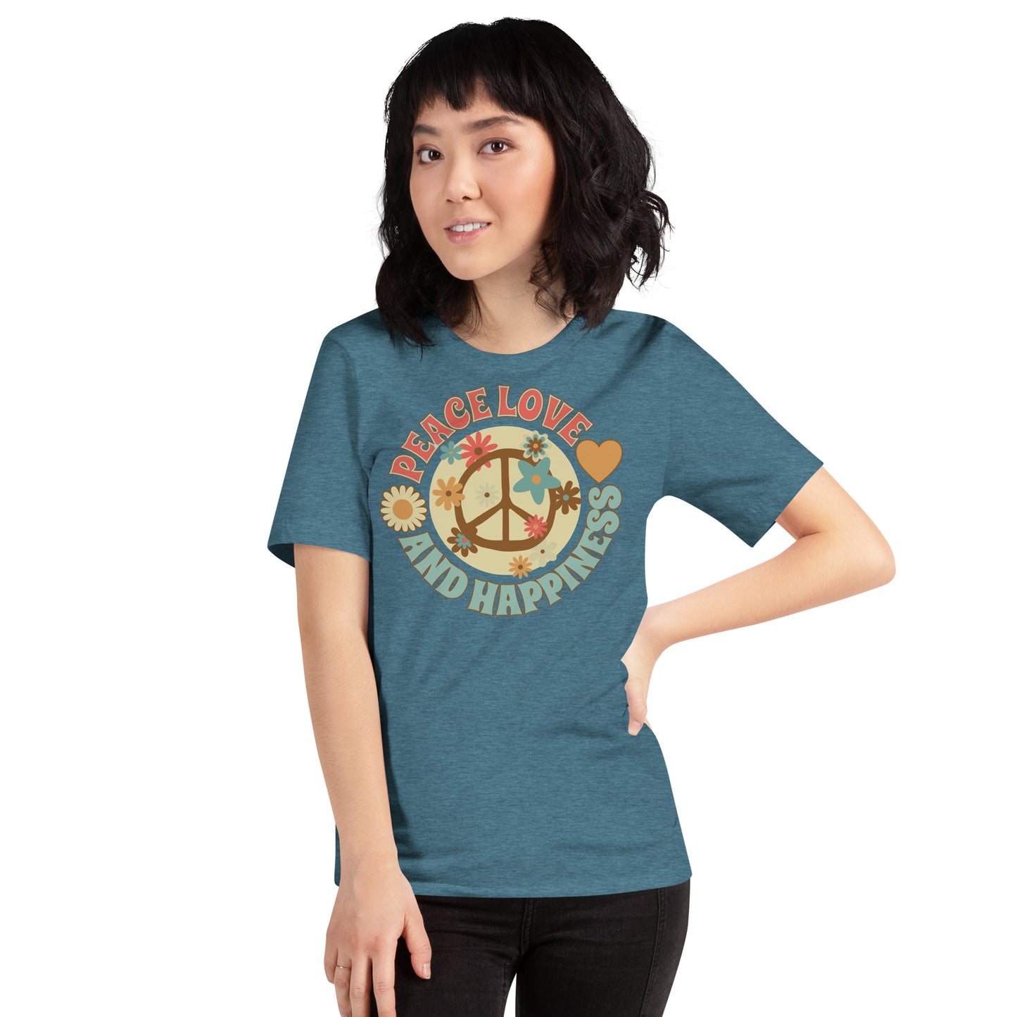 Peace love and happiness, with flowers t-shirt