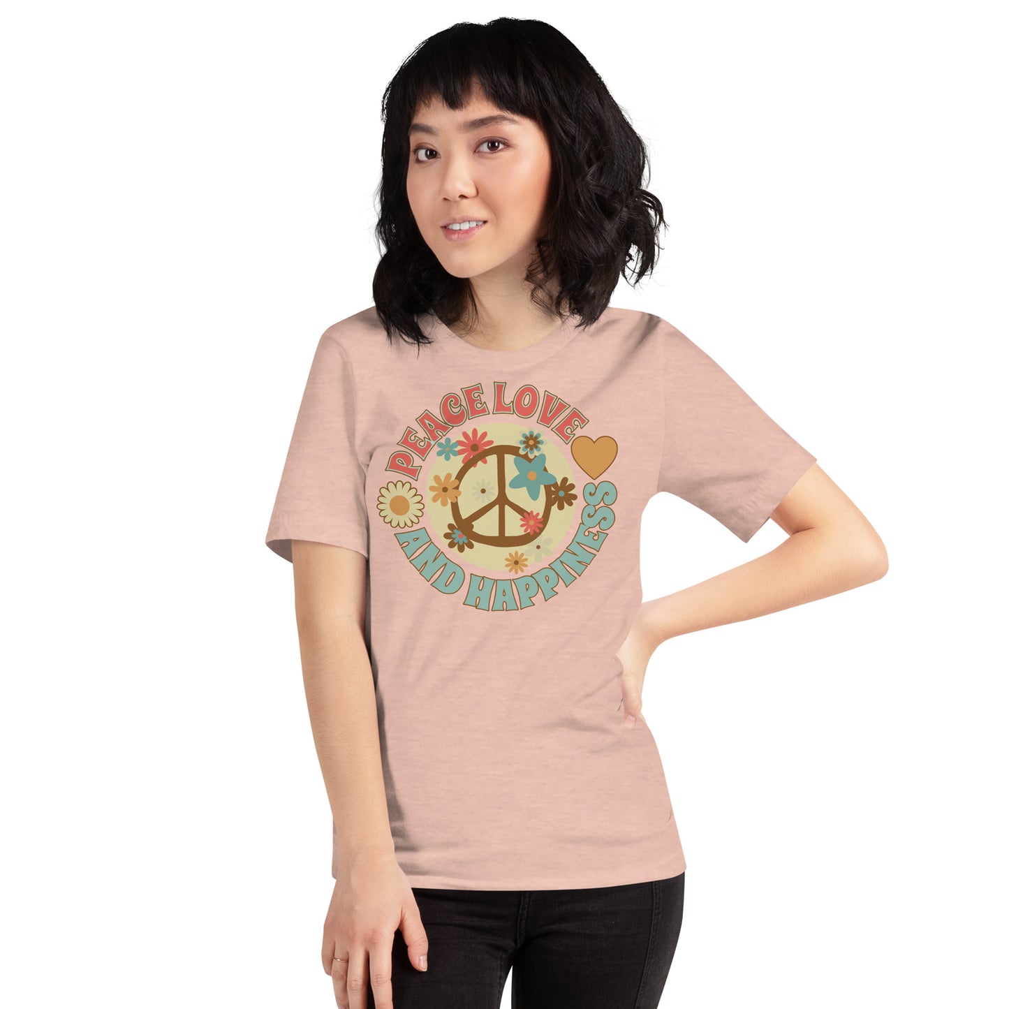 Peace love and happiness, with flowers t-shirt