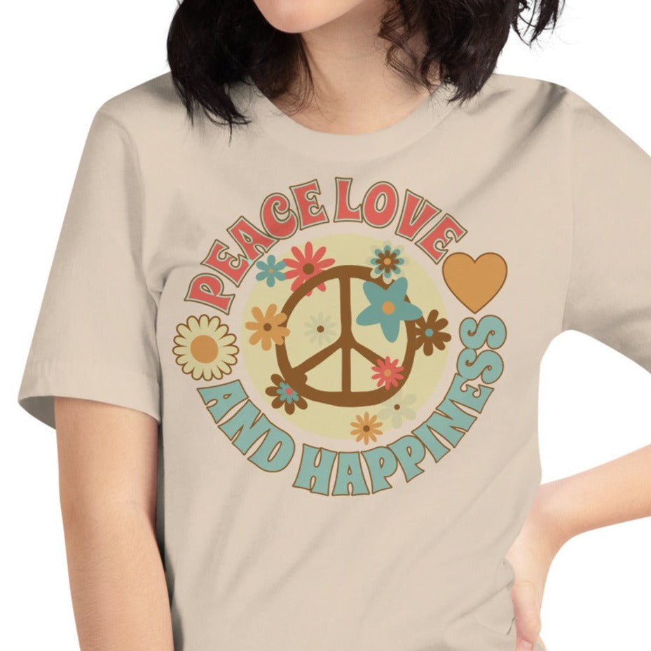 Peace love and happiness, with flowers t-shirt