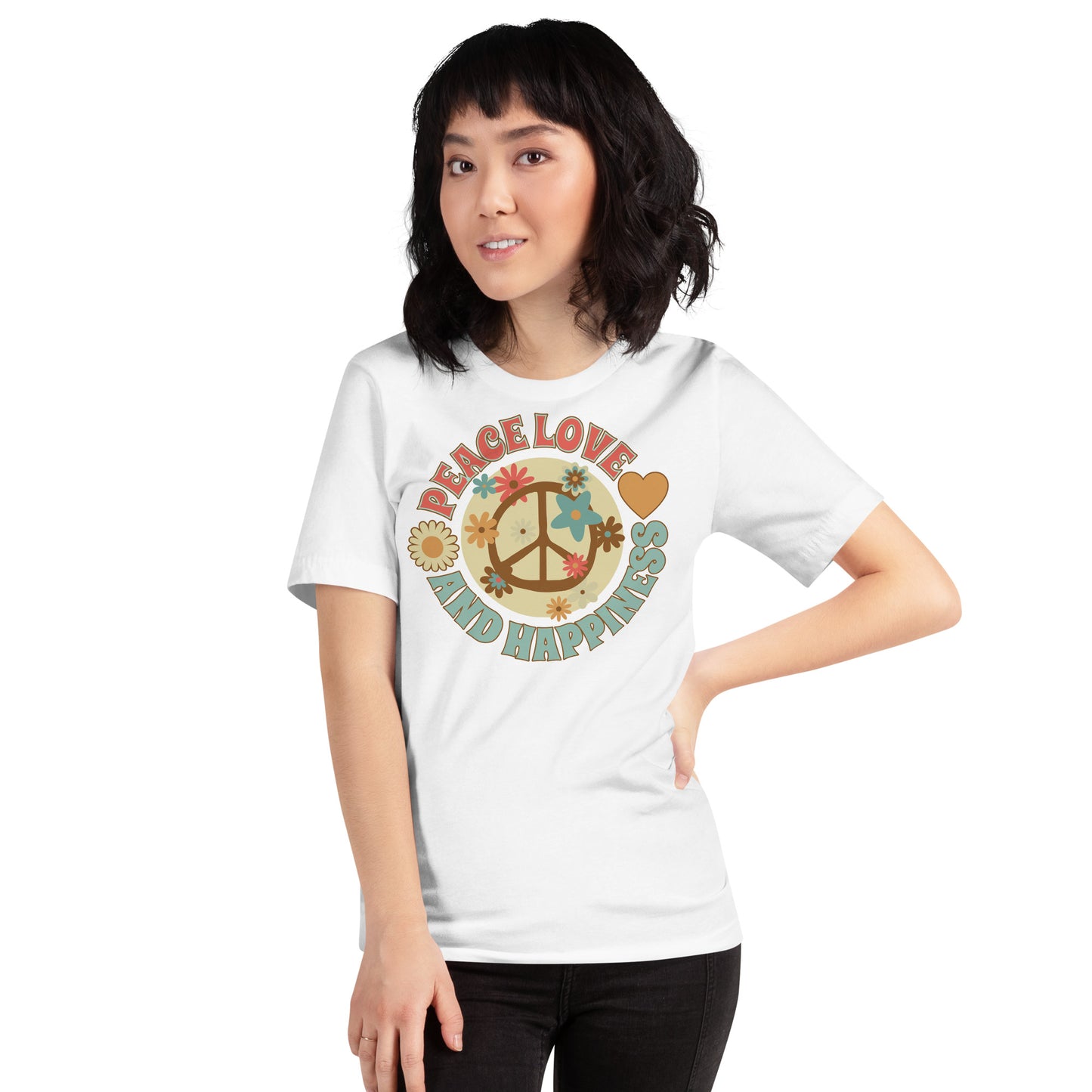 Peace love and happiness, with flowers t-shirt