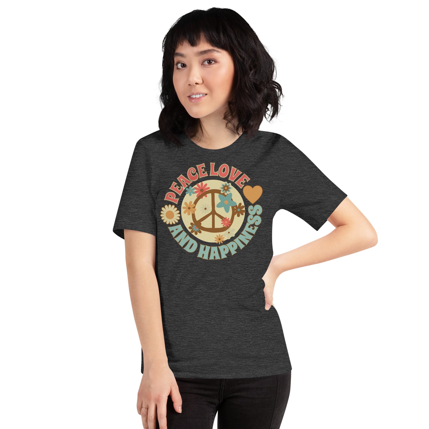 Peace love and happiness, with flowers t-shirt